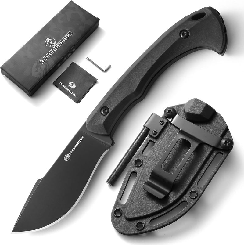 DRACHENADER 7.68" EDC Survival Knife with Fire Starter L-Y, Small EDC Full Tang Fixed Blade Knife with Sheath, Belt Clip, Full Black - Image 1